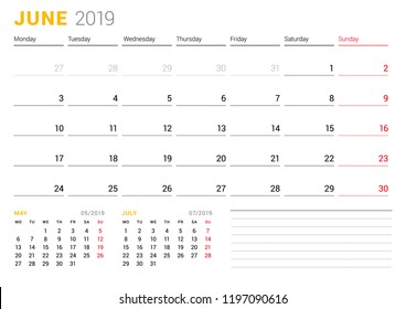 Calendar template for June 2019. Business planner. Stationery design. Week starts on Monday. 2 Months on the page. Vector illustration