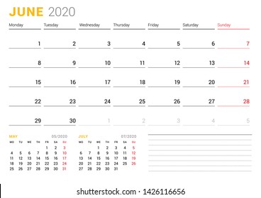 Calendar template for June 2020. Business planner. Stationery design. Week starts on Monday. Vector illustration