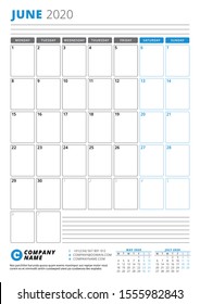 Calendar template for June 2020. Business planner. Stationery design. Week starts on Monday. Portrait orientation. Vector illustration