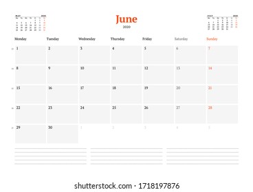 Calendar template for June 2020. Business monthly planner. Stationery design. Week starts on Monday. Vector illustration