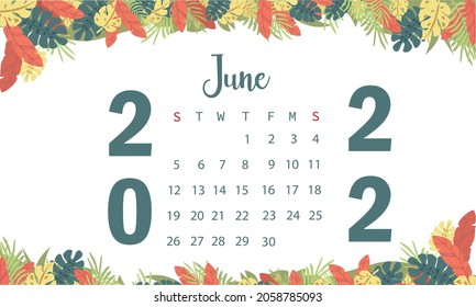 Calendar template for June 2022 with the week starting on Sunday. with the addition of simple illustrations and eps 10, the natural leaf theme is easy to apply to all media