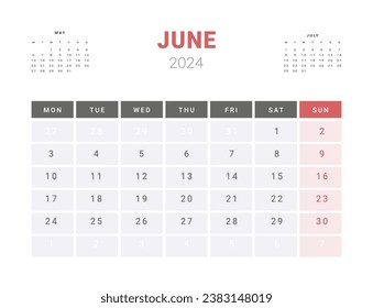 Calendar Template of june 2024. Vector layout simple calendar with week start Monday.