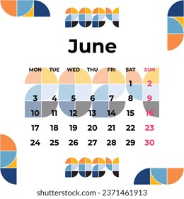 Calendar Template June 2024 Yellow Blue Orange. Simple Minimalist Vector illustration Design.