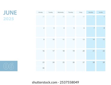 Plantilla del calendario para junio de 2025, la semana comienza el lunes. El calendario está en un esquema de color azul. Ilustración vectorial.