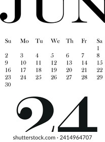 calendar template for June month 2024 without background, for use in notebooks or for printing organizer, vector