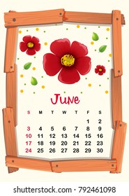 Calendar template for June with red flower illustration