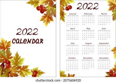 Plantilla de calendario con hojas y bayas.Ilustración vectorial coloreada del calendario para el nuevo año 2022 con hojas y bayas de otoño.