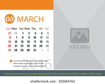 Calendar template of Mach 2016 with space to place your image ,vector illustration