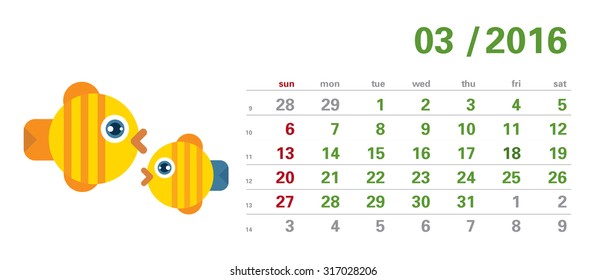 Calendar template - march 2016 - cartoon pisces, sign of zodiac (weeks start sunday, numbers of weeks) 