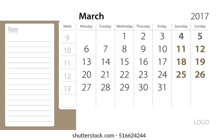Calendar template of March 2017