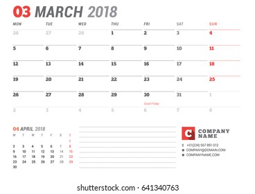 Calendar template for March 2017. Business planner. Stationery design. Week starts on Monday. 2 Months on the page. Vector illustration