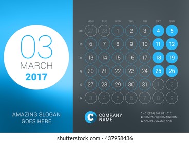 Calendar Template for March 2017. Vector Design Print Template with Place for Photo, Company Logo, Slogan and Contact Information. Dark Background. Week Starts Monday