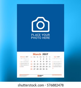Calendar Template for March 2017. Week Starts Monday. Design Print Template. Vector Illustration Isolated on Color Background