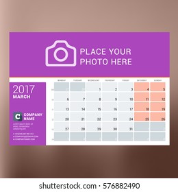 Calendar Template for March 2017. Week Starts Monday. Design Print Template. Vector Illustration Isolated on Color Background