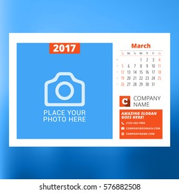 Calendar Template for March 2017. Week Starts Monday. Design Print Template. Vector Illustration Isolated on Color Background