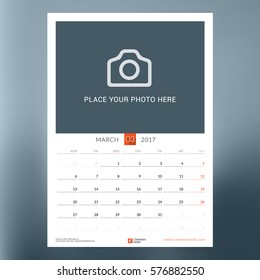 Calendar Template for March 2017. Week Starts Monday. Design Print Template. Vector Illustration Isolated on Color Background