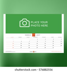 Calendar Template for March 2017. Week Starts Monday. Design Print Template. Vector Illustration Isolated on Color Background