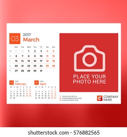 Calendar Template for March 2017. Week Starts Monday. Design Print Template. Vector Illustration Isolated on Color Background