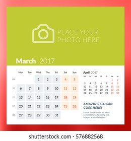 Calendar Template for March 2017. Week Starts Monday. Design Print Template. Vector Illustration Isolated on Color Background