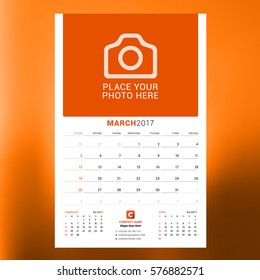 Calendar Template for March 2017. Week Starts Monday. Design Print Template. Vector Illustration Isolated on Color Background