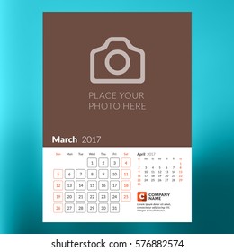 Calendar Template for March 2017. Week Starts Monday. Design Print Template. Vector Illustration Isolated on Color Background