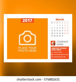 Calendar Template for March 2017. Week Starts Monday. Design Print Template. Vector Illustration Isolated on Color Background