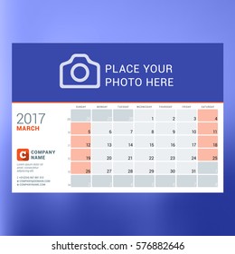 Calendar Template for March 2017. Week Starts Monday. Design Print Template. Vector Illustration Isolated on Color Background