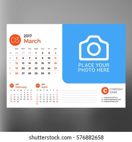 Calendar Template for March 2017. Week Starts Monday. Design Print Template. Vector Illustration Isolated on Color Background