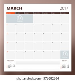 Calendar Template for March 2017. Week Starts Monday. Design Print Template. Vector Illustration Isolated on Color Background