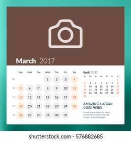 Calendar Template for March 2017. Week Starts Monday. Design Print Template. Vector Illustration Isolated on Color Background
