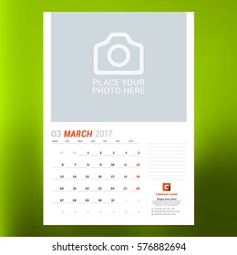 Calendar Template for March 2017. Week Starts Monday. Design Print Template. Vector Illustration Isolated on Color Background