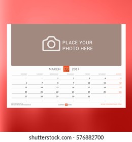 Calendar Template for March 2017. Week Starts Monday. Design Print Template. Vector Illustration Isolated on Color Background
