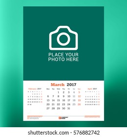 Calendar Template for March 2017. Week Starts Monday. Design Print Template. Vector Illustration Isolated on Color Background