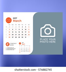 Calendar Template for March 2017. Week Starts Monday. Design Print Template. Vector Illustration Isolated on Color Background