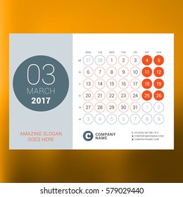 Calendar Template for March 2017. Week Starts Monday. Design Print Template. Vector Illustration Isolated on Color Background