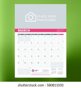 Calendar Template for March 2017. Week Starts Monday. Design Print Template. Vector Illustration Isolated on Color Background