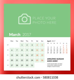 Calendar Template for March 2017. Week Starts Monday. Design Print Template. Vector Illustration Isolated on Color Background