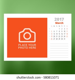 Calendar Template for March 2017. Week Starts Sunday. Design Print Template. Vector Illustration Isolated on Color Background