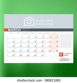Calendar Template for March 2017. Week Starts Monday. Design Print Template. Vector Illustration Isolated on Color Background