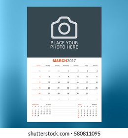 Calendar Template for March 2017. Week Starts Sunday. Design Print Template. Vector Illustration Isolated on Color Background