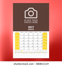 Calendar Template for March 2017. Week Starts Sunday. Design Print Template. Vector Illustration Isolated on Color Background