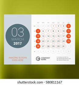Calendar Template for March 2017. Week Starts Monday. Design Print Template. Vector Illustration Isolated on Color Background