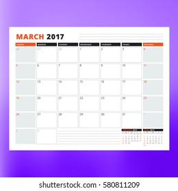 Calendar Template for March 2017. Week Starts Sunday. Design Print Template. Vector Illustration Isolated on Color Background