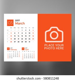 Calendar Template for March 2017. Week Starts Sunday. Design Print Template. Vector Illustration Isolated on Color Background