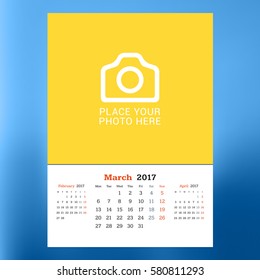 Calendar Template for March 2017. Week Starts Monday. Design Print Template. Vector Illustration Isolated on Color Background