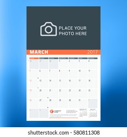 Calendar Template for March 2017. Week Starts Monday. Design Print Template. Vector Illustration Isolated on Color Background