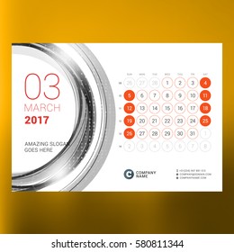 Calendar Template for March 2017. Week Starts Monday. Design Print Template. Vector Illustration Isolated on Color Background