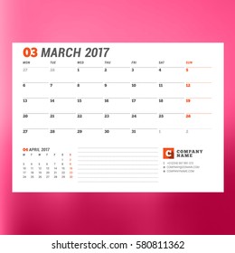 Calendar Template for March 2017. Week Starts Monday. Design Print Template. Vector Illustration Isolated on Color Background