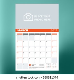 Calendar Template for March 2017. Week Starts Monday. Design Print Template. Vector Illustration Isolated on Color Background