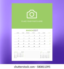 Calendar Template for March 2017. Week Starts Monday. Design Print Template. Vector Illustration Isolated on Color Background